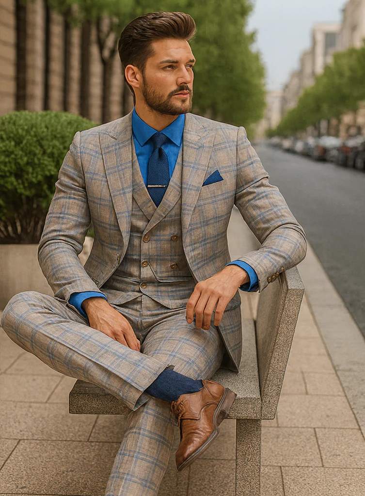 Men’s Light Plaid 3-Piece Suit with Vest – Stylish Formal Wear - Image 4