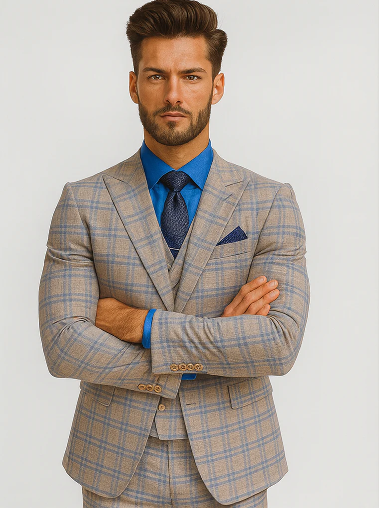 Men’s Light Plaid 3-Piece Suit with Vest – Stylish Formal Wear - Image 5