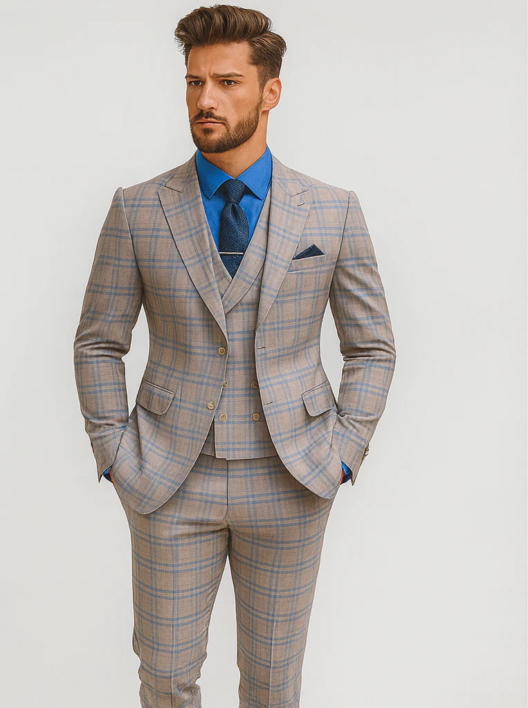 Men’s Light Plaid 3-Piece Suit with Vest – Stylish Formal Wear - Image 7