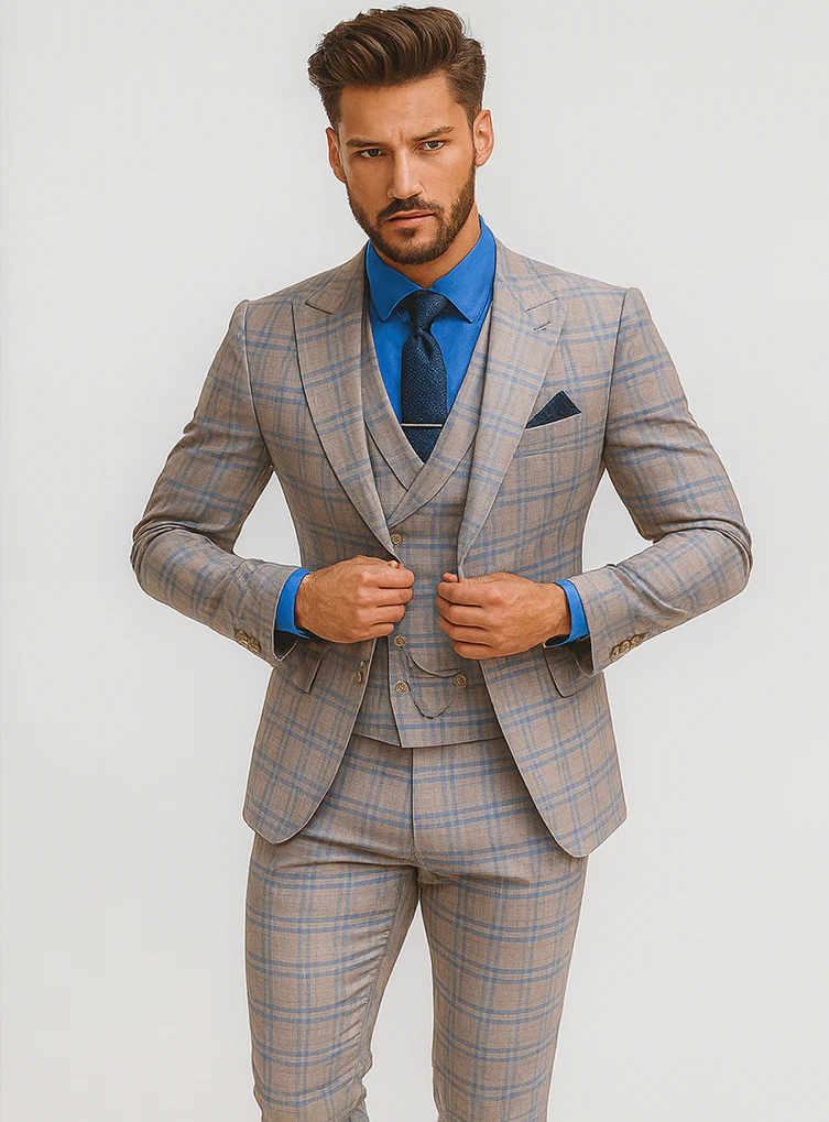Men’s Light Plaid 3-Piece Suit with Vest – Stylish Formal Wear - Image 8