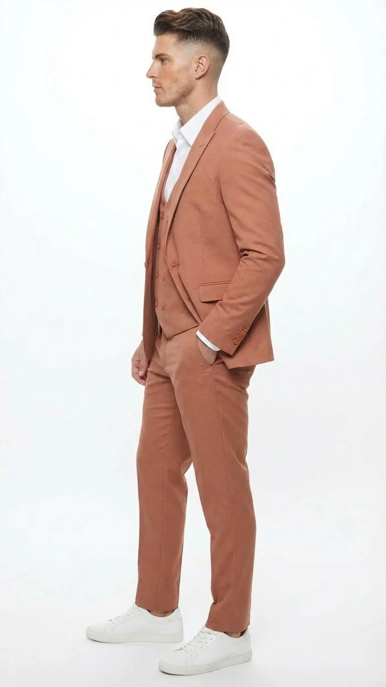 Men’s Light Rust - Peach Color - Salmon Color  3 Piece Suit Set with Vest, Classic Formal Wedding Prom Business Dress Suit - Image 3