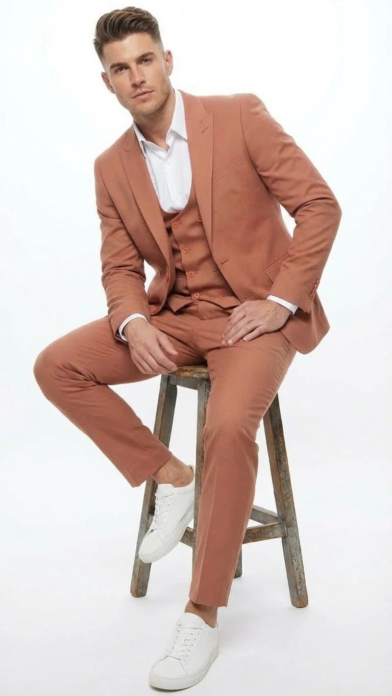 Men’s Light Rust - Peach Color - Salmon Color  3 Piece Suit Set with Vest, Classic Formal Wedding Prom Business Dress Suit - Image 4