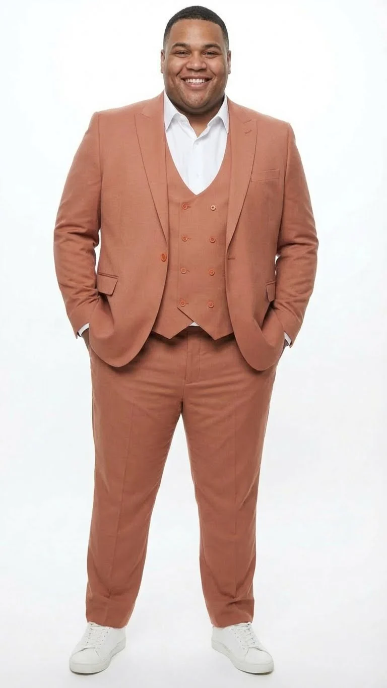 Men’s Light Rust - Peach Color - Salmon Color  3 Piece Suit Set with Vest, Classic Formal Wedding Prom Business Dress Suit - Image 7