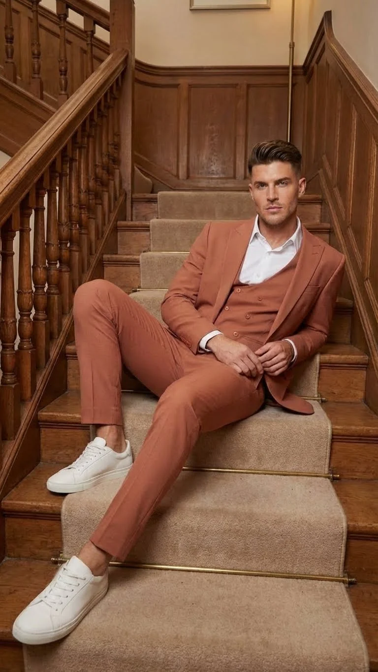 Men’s Light Rust - Peach Color - Salmon Color  3 Piece Suit Set with Vest, Classic Formal Wedding Prom Business Dress Suit - Image 9