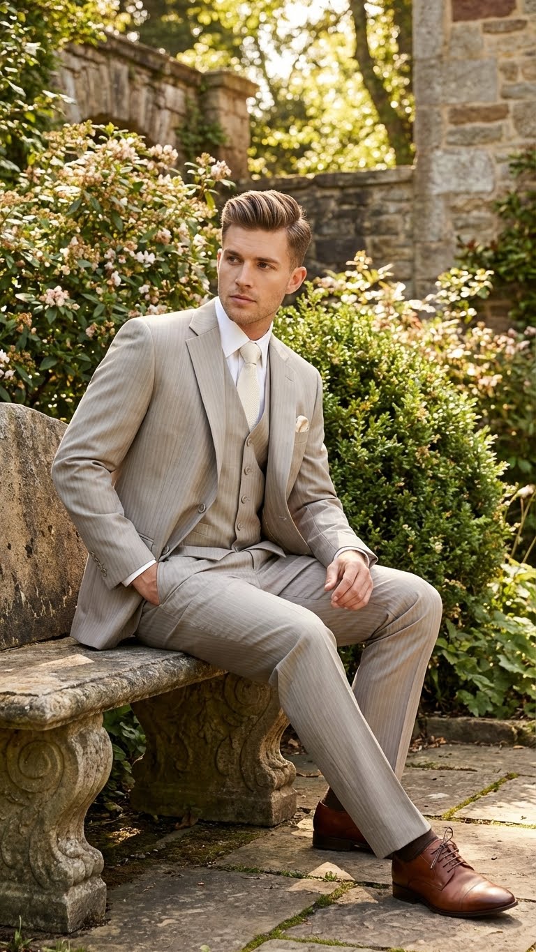 Men’s Light Tan Pinstripe 3 Piece Suit with Jacket, Vest, and Pants | Shadow Stripe Tone Tone Pleated Pants Classic - Image 4