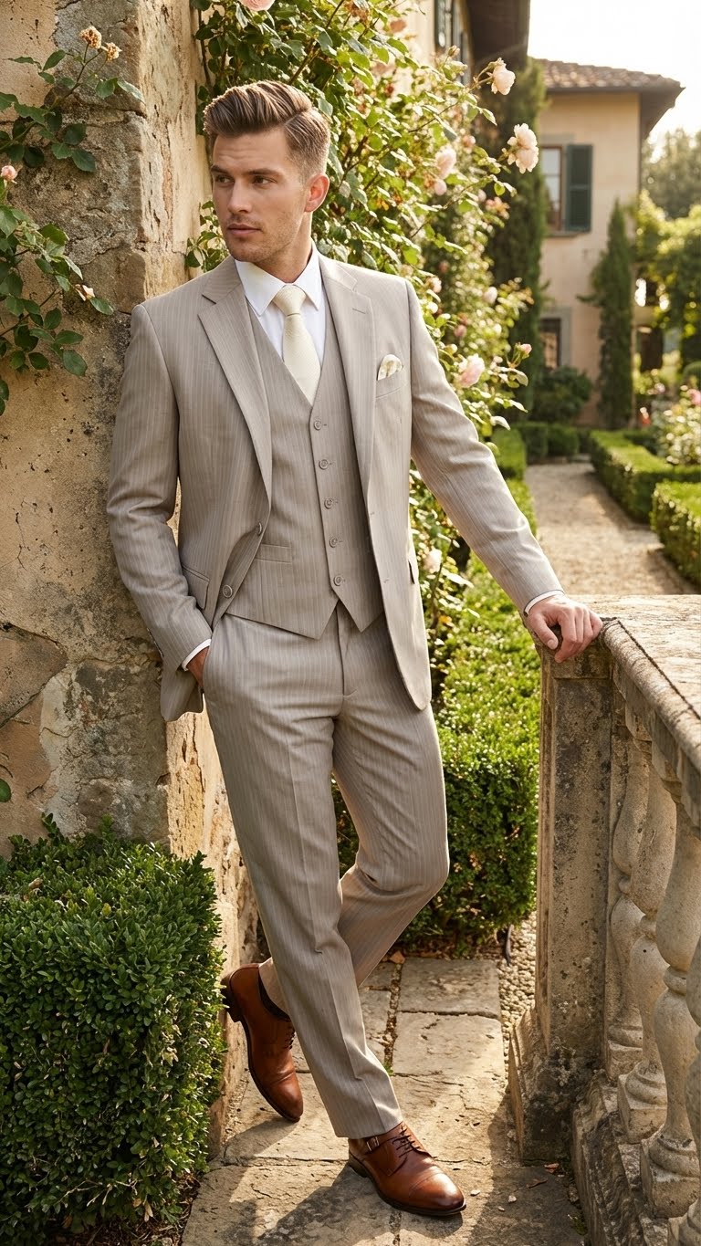 Men’s Light Tan Pinstripe 3 Piece Suit with Jacket, Vest, and Pants | Shadow Stripe Tone Tone Pleated Pants Classic - Image 6