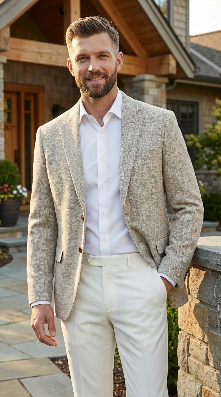 Men’s Light Tan Tweed Blazer – Classic Herringbone Sport Coat, Beige Casual Formal Jacket, Vintage Style Business & Smart Casual Wear - Image 12