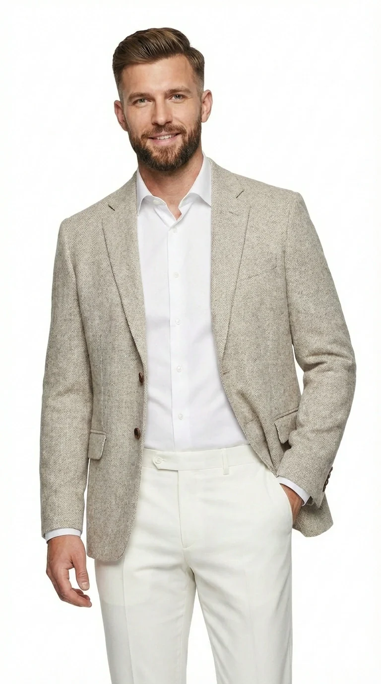 Men’s Light Tan Tweed Blazer – Classic Herringbone Sport Coat, Beige Casual Formal Jacket, Vintage Style Business & Smart Casual Wear - Image 3