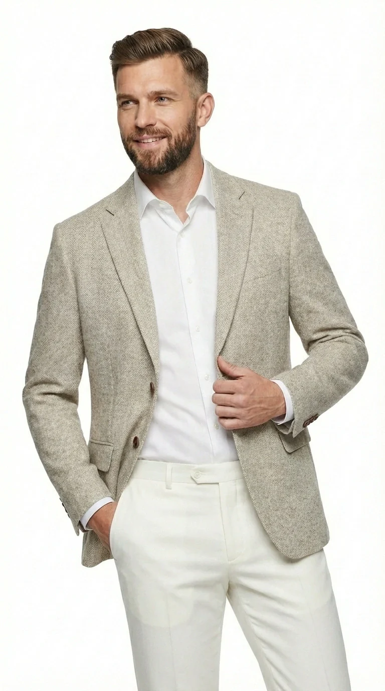Men’s Light Tan Tweed Blazer – Classic Herringbone Sport Coat, Beige Casual Formal Jacket, Vintage Style Business & Smart Casual Wear - Image 8
