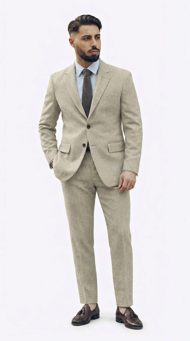 Men’s Light Tan Tweed Suit – Classic Beige Two Piece Suit, Herringbone Formal Wear, Vintage Style Business & Wedding Outfit for Men - Image 2