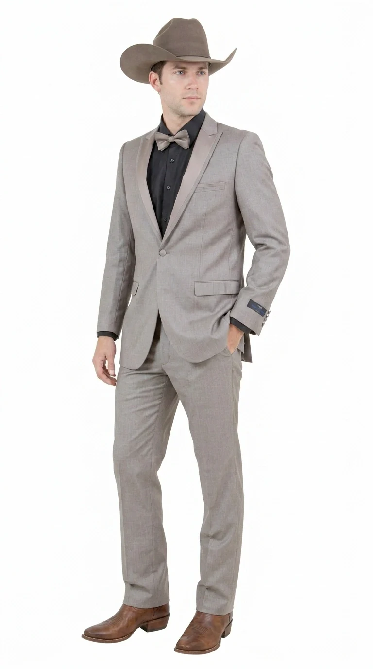 Men’s Light Taupe Western Tuxedo Suit – Cowboy Style Formal Blazer and Pants Outfit in Khaki Tan Light Brown Color - Image 2