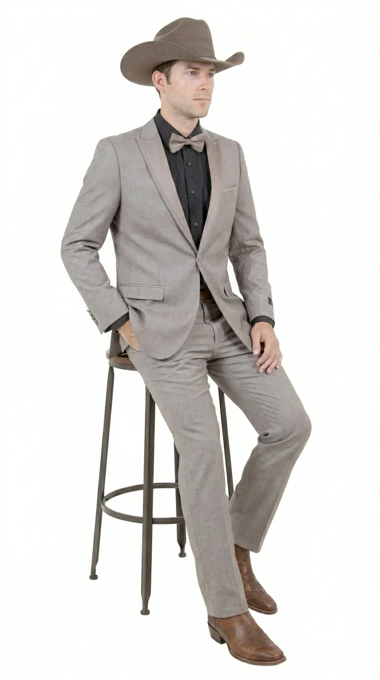Men’s Light Taupe Western Tuxedo Suit – Cowboy Style Formal Blazer and Pants Outfit in Khaki Tan Light Brown Color - Image 3