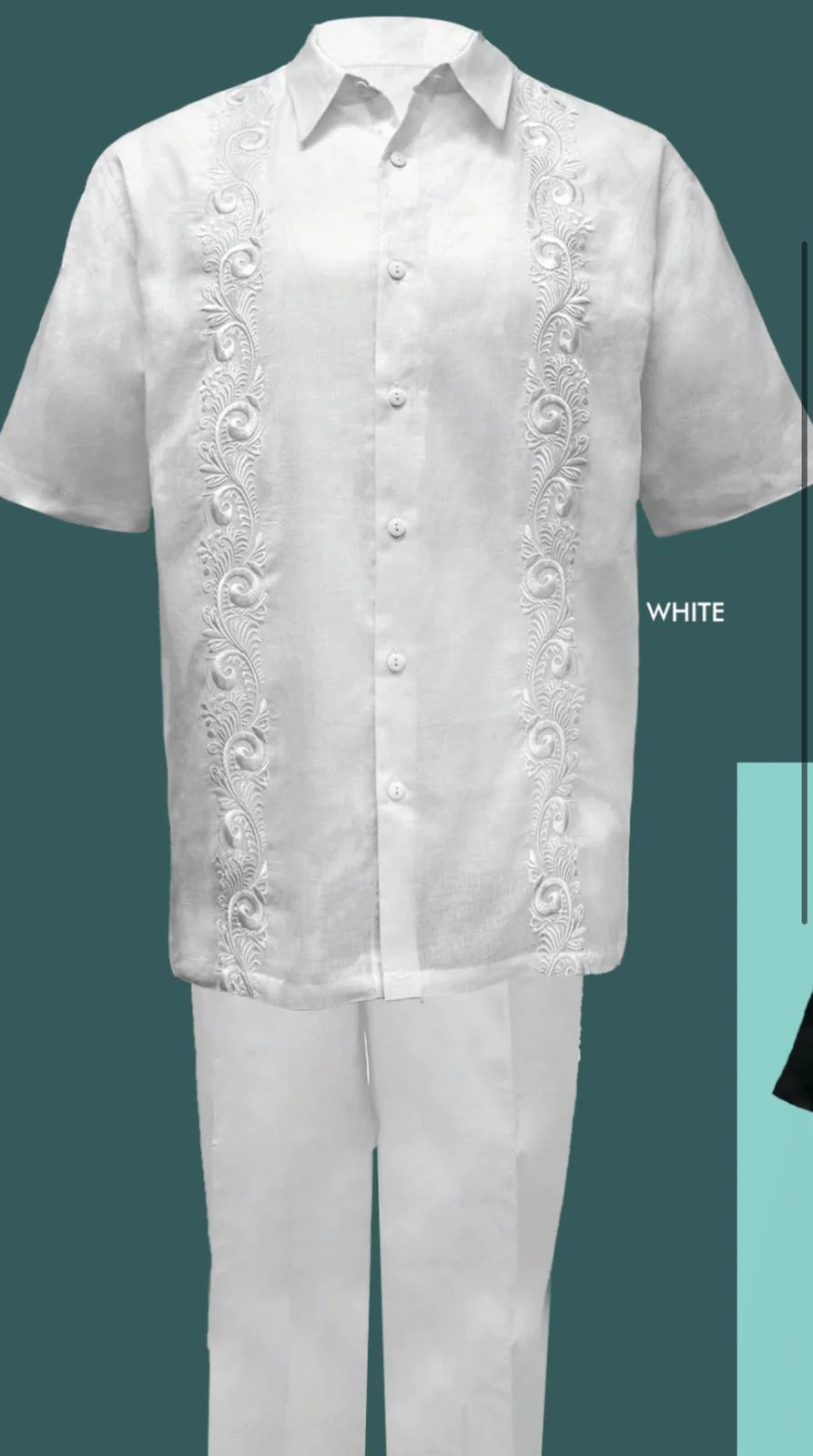 Men’s Linen White Embroidered Guayabera Two-Piece Set – Short Sleeve Shirt and Pants - Summer Walking Suit - Image 3