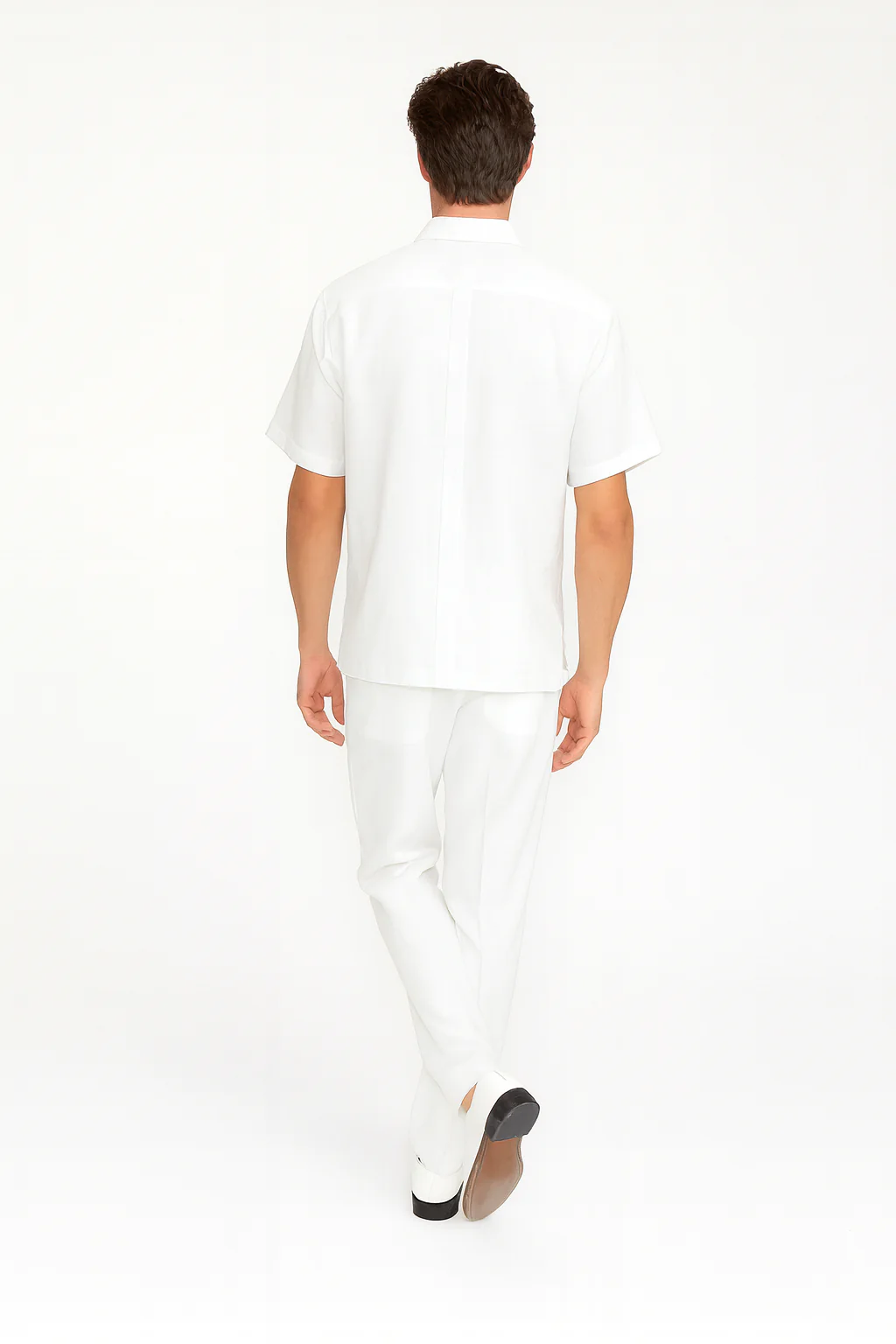 Men’s Linen White Embroidered Guayabera Two-Piece Set – Short Sleeve Shirt and Pants - Summer Walking Suit - Image 5