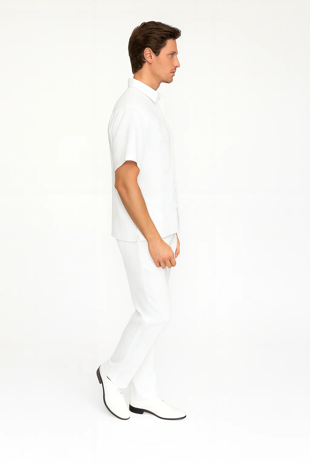 Men’s Linen White Embroidered Guayabera Two-Piece Set – Short Sleeve Shirt and Pants - Summer Walking Suit - Image 6