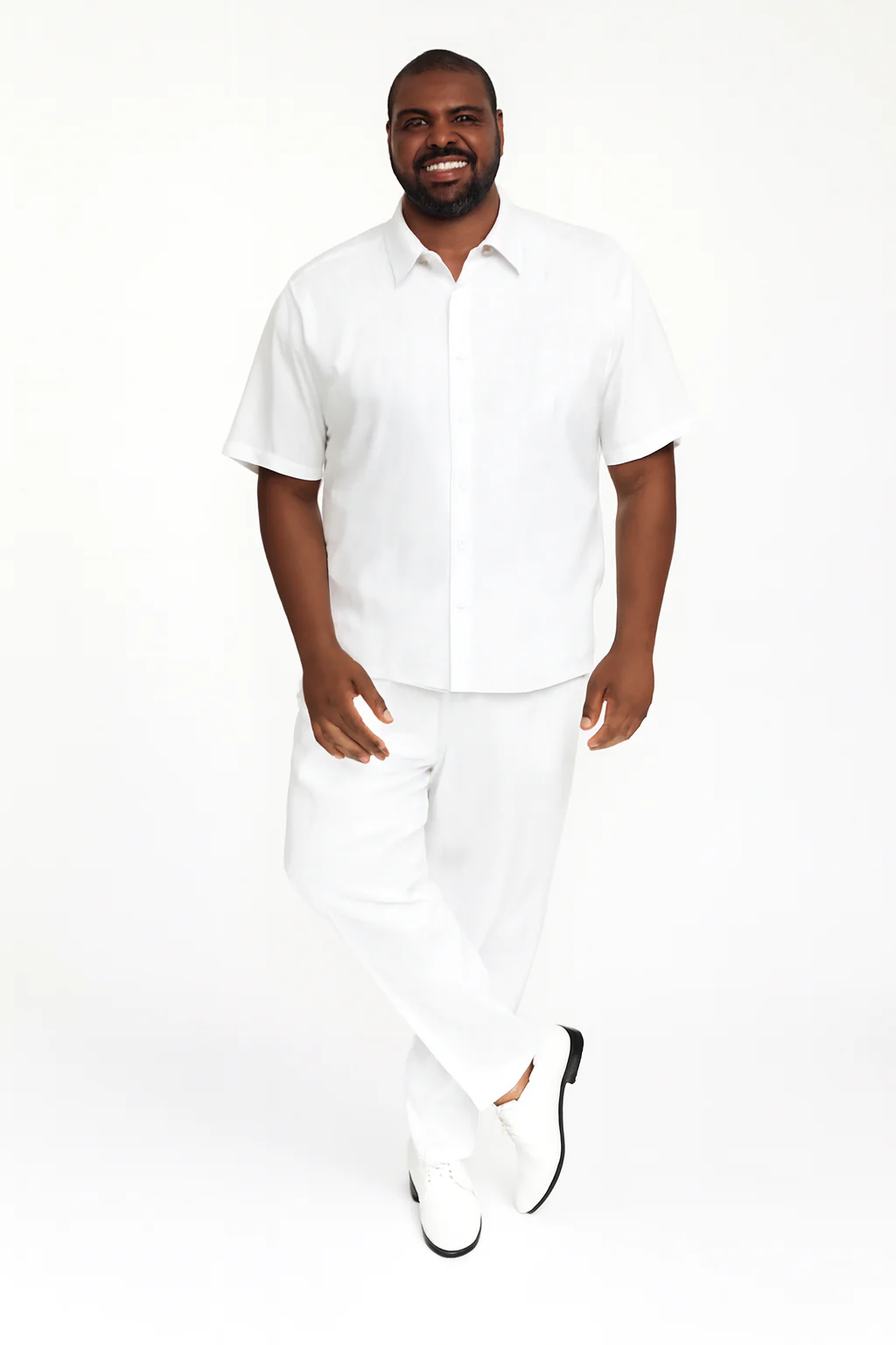 Men’s Linen White Embroidered Guayabera Two-Piece Set – Short Sleeve Shirt and Pants - Summer Walking Suit - Image 7