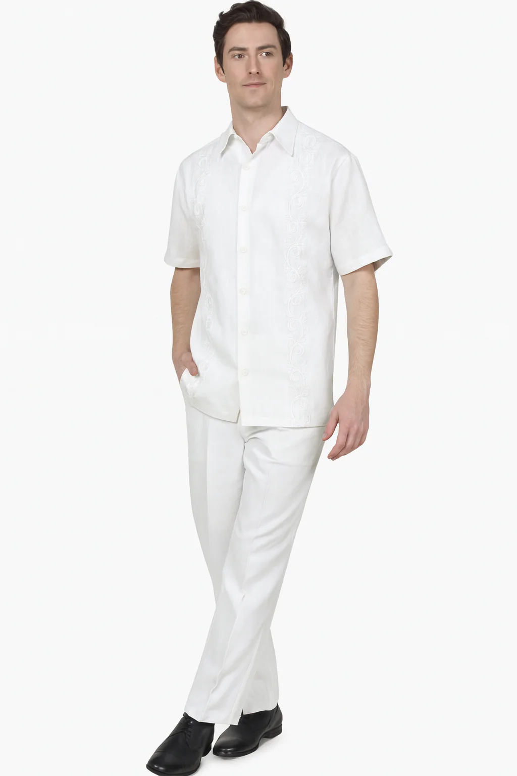 Men’s Linen White Embroidered Guayabera Two-Piece Set – Short Sleeve Shirt and Pants - Summer Walking Suit - Image 8