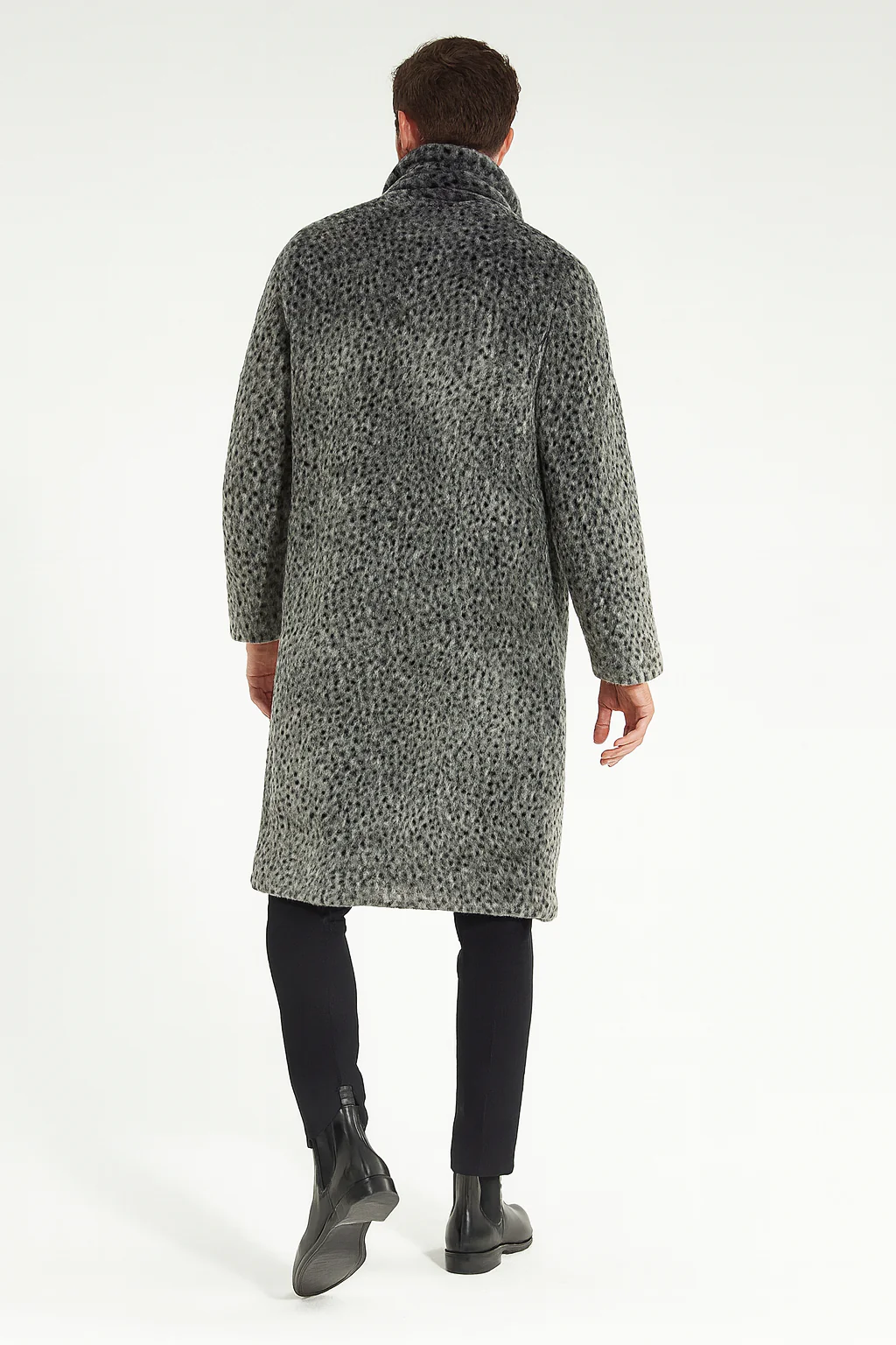 Men’s Luxury Long Grey Faux Fur Coat – Winter Overcoat with Animal Print Design - Image 2