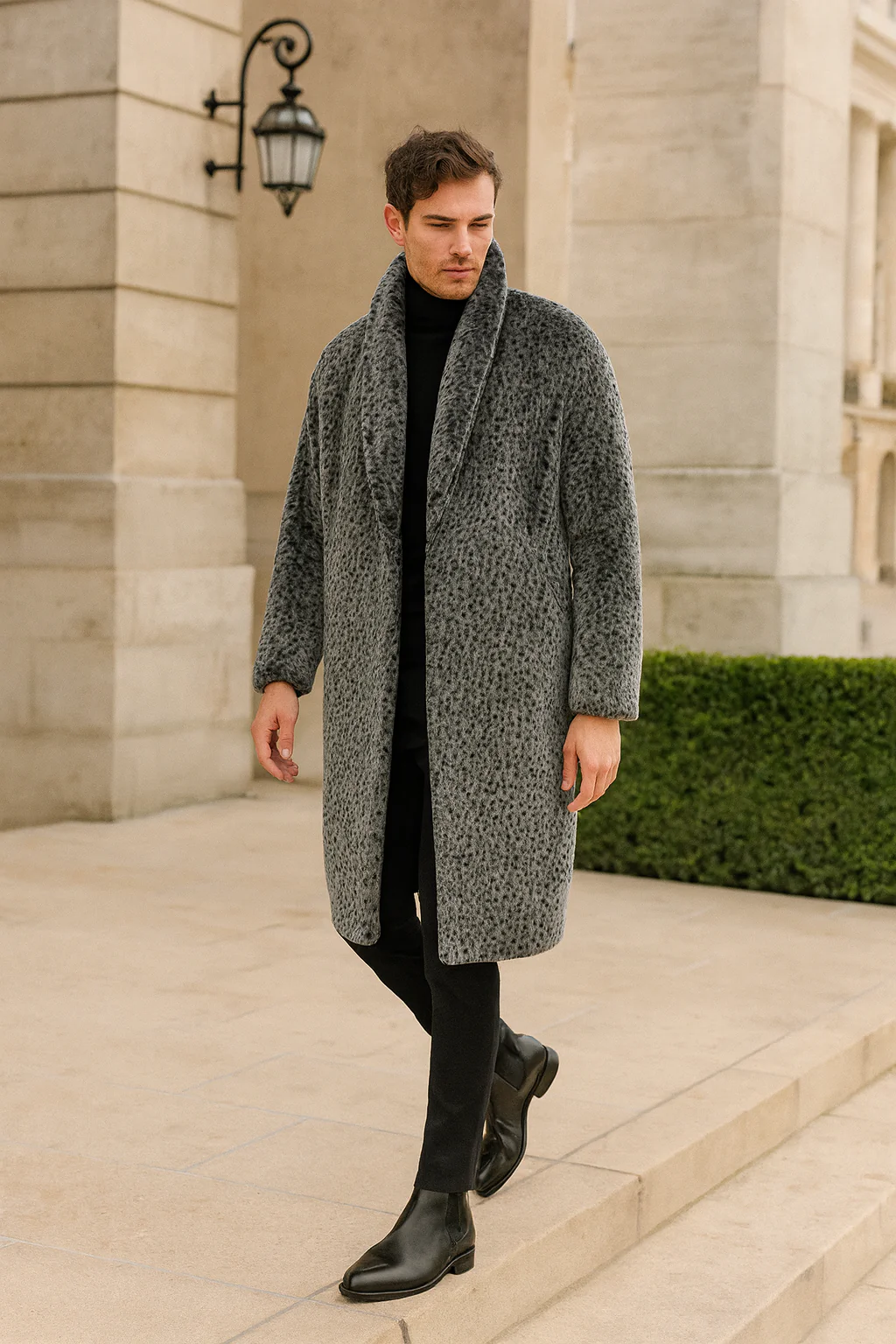 Men’s Luxury Long Grey Faux Fur Coat – Winter Overcoat with Animal Print Design - Image 3