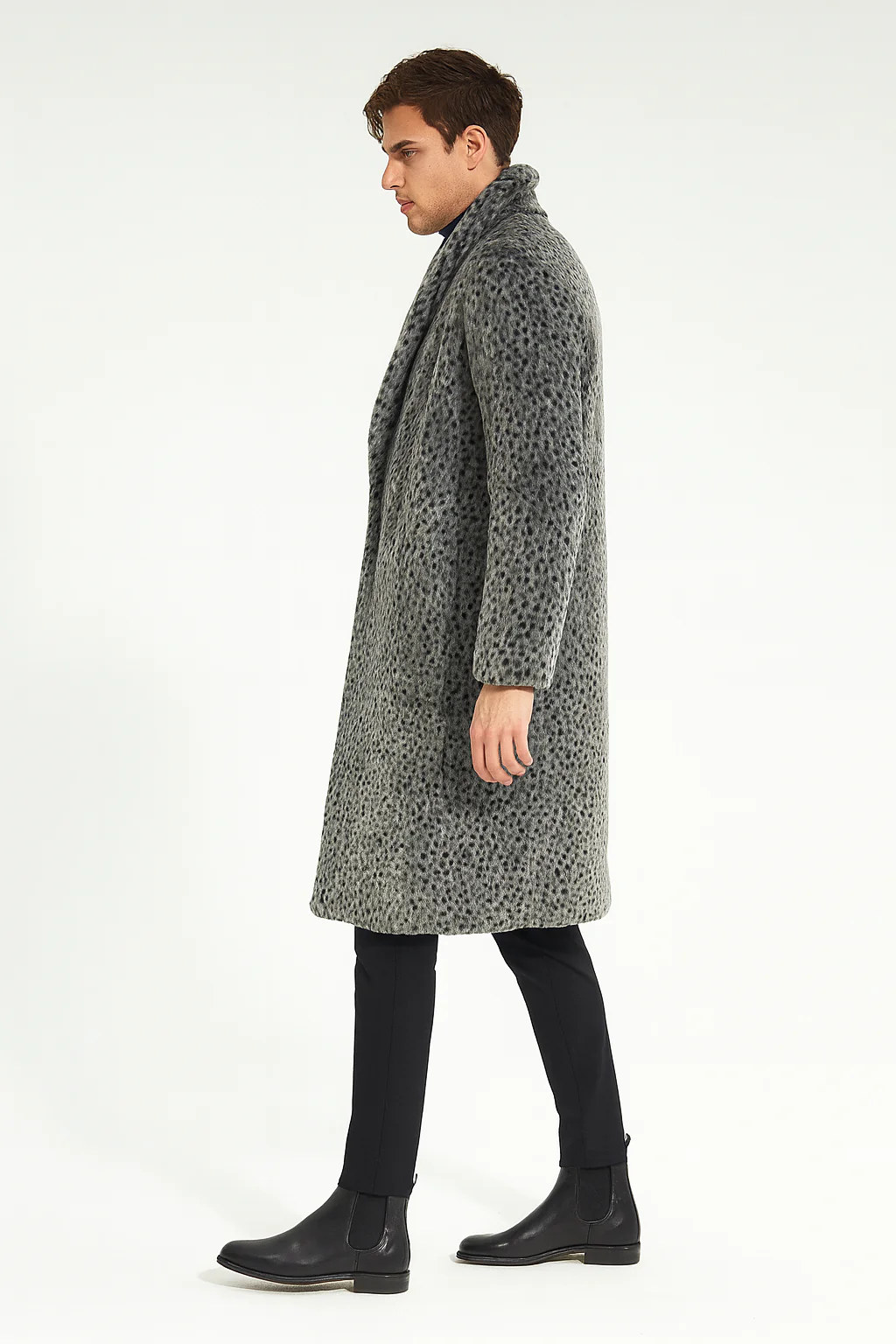 Men’s Luxury Long Grey Faux Fur Coat – Winter Overcoat with Animal Print Design - Image 4