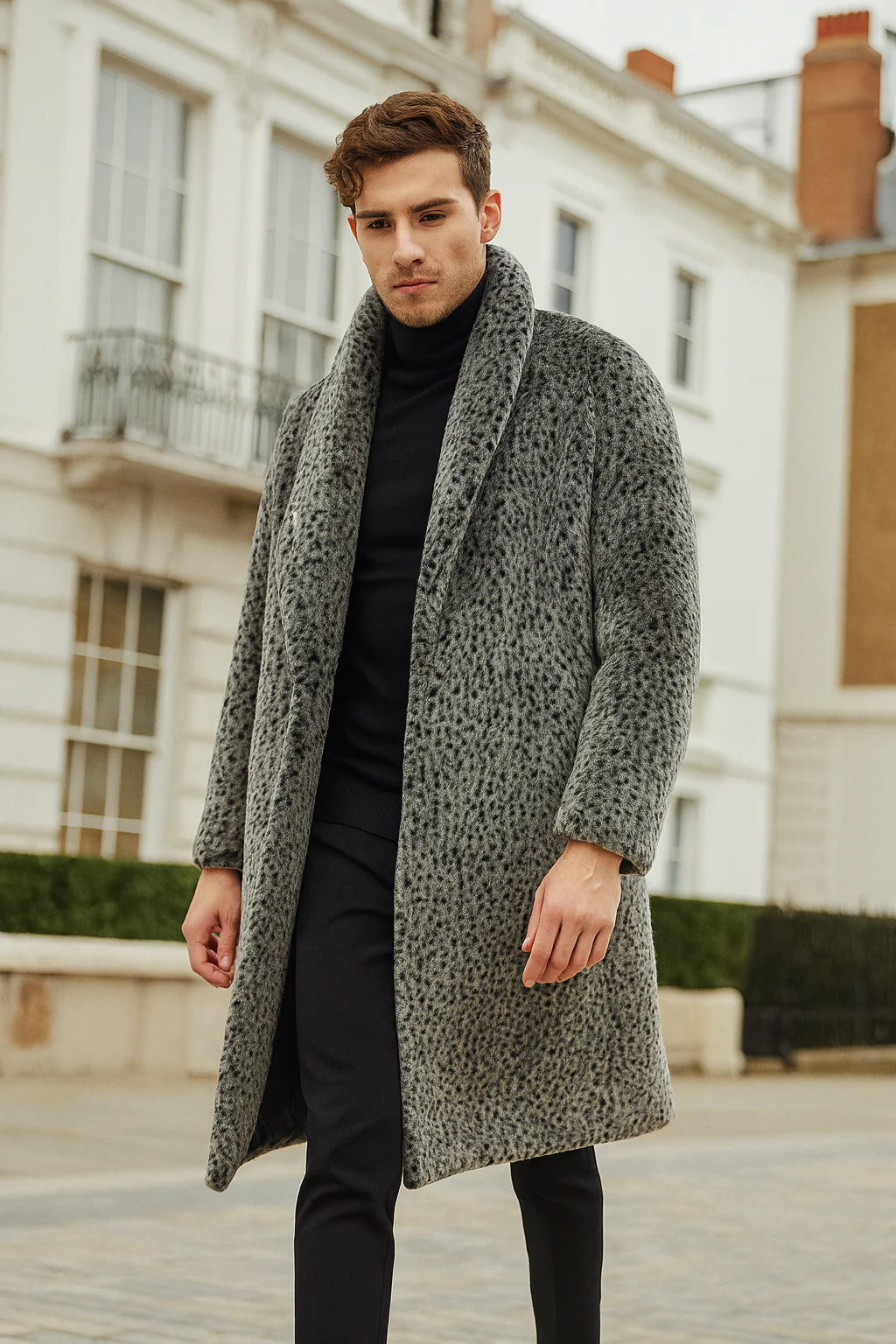 Men’s Luxury Long Grey Faux Fur Coat – Winter Overcoat with Animal Print Design - Image 5