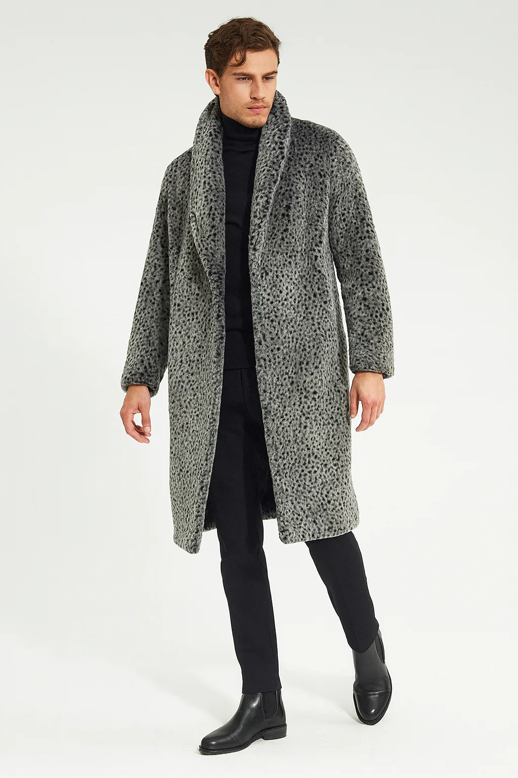 Men’s Luxury Long Grey Faux Fur Coat – Winter Overcoat with Animal Print Design - Image 6