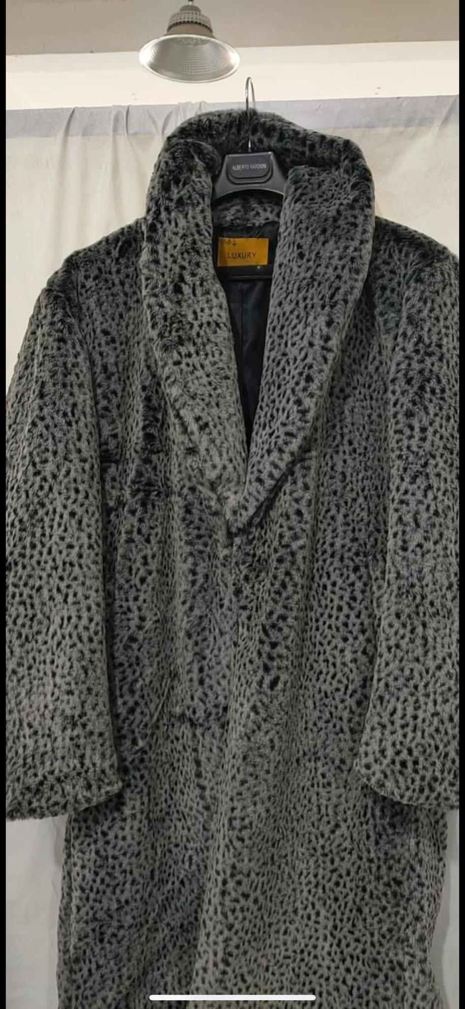 Men’s Luxury Long Grey Faux Fur Coat – Winter Overcoat with Animal Print Design - Image 7