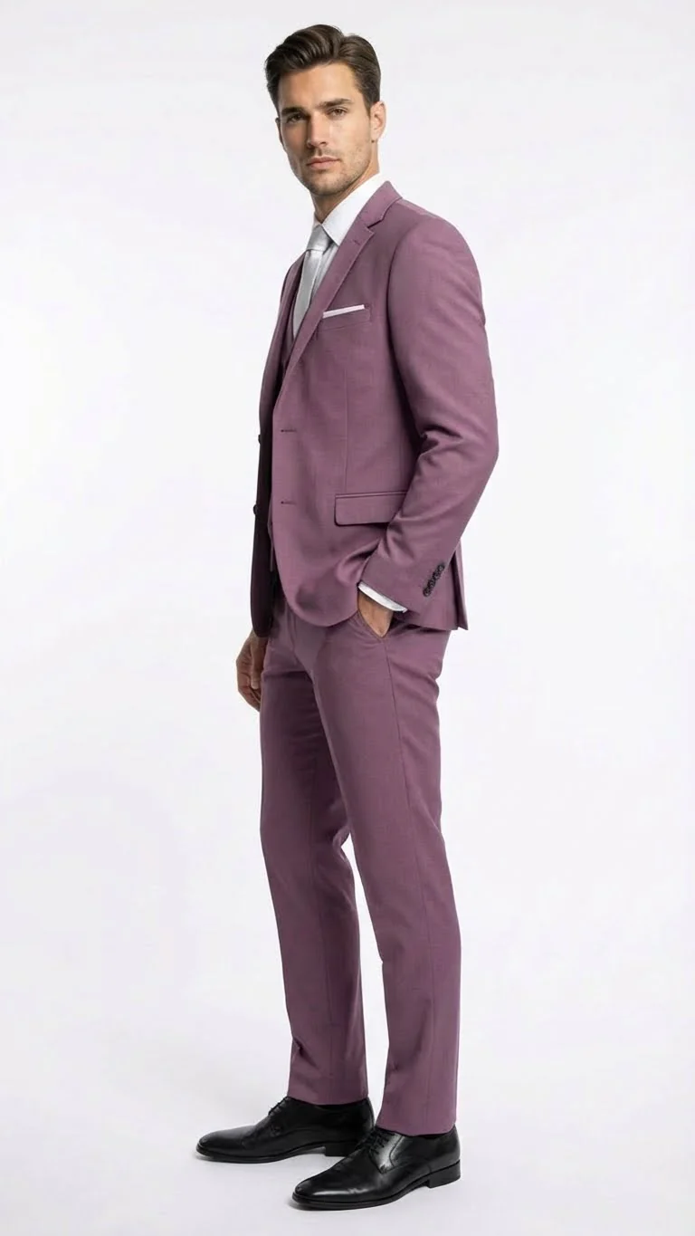 Men’s Mauve Three-Piece Suit – Slim Fit Formal Blazer, Vest, and Trousers for Weddings Rose Gold Pinkish Color - Image 3