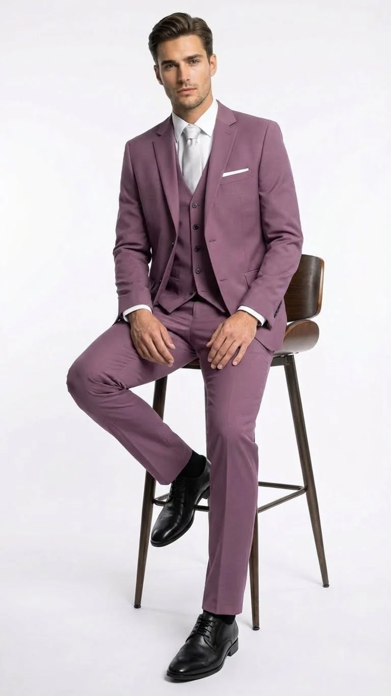 Men’s Mauve Three-Piece Suit – Slim Fit Formal Blazer, Vest, and Trousers for Weddings Rose Gold Pinkish Color - Image 4