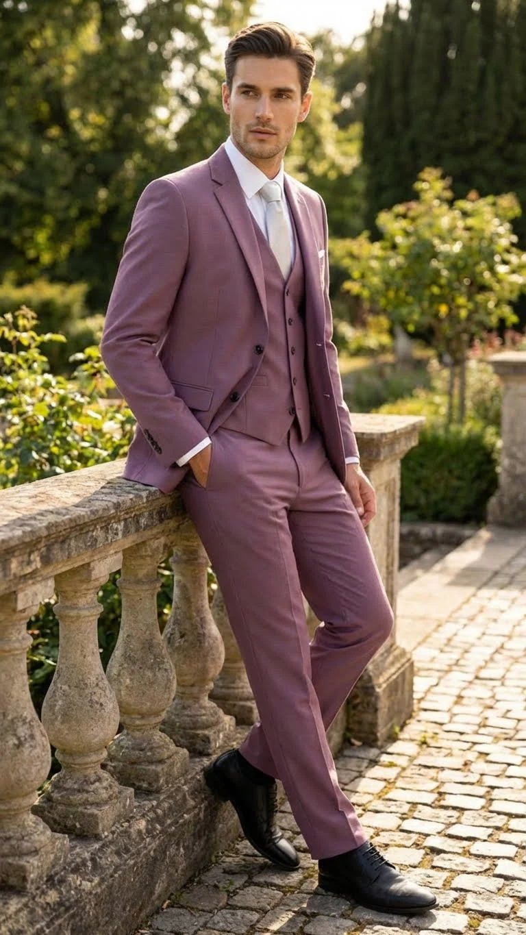 Men’s Mauve Three-Piece Suit – Slim Fit Formal Blazer, Vest, and Trousers for Weddings Rose Gold Pinkish Color - Image 5