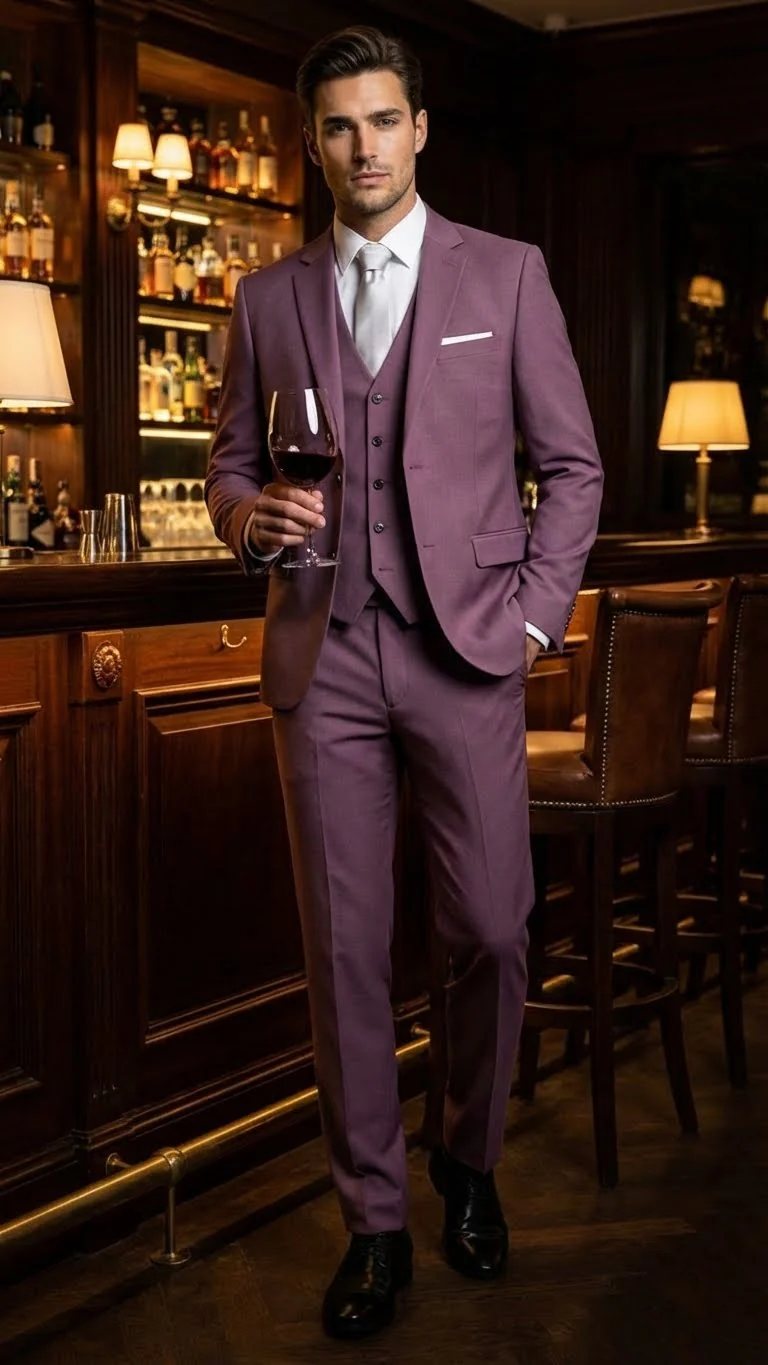 Men’s Mauve Three-Piece Suit – Slim Fit Formal Blazer, Vest, and Trousers for Weddings Rose Gold Pinkish Color - Image 9