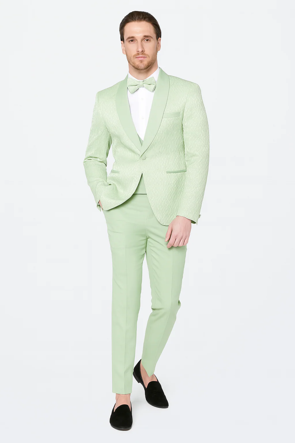 Men’s Mint Green Tuxedo Suit – Slim Fit Shawl Lapel with Matching Bow Tie in Sage Green Color - Light Green - Image 4