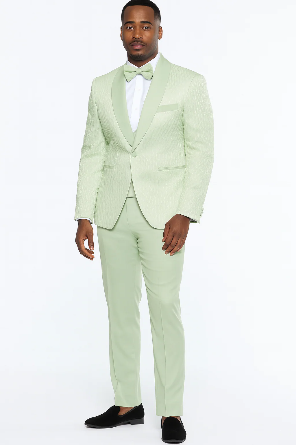 Men’s Mint Green Tuxedo Suit – Slim Fit Shawl Lapel with Matching Bow Tie in Sage Green Color - Light Green - Image 6