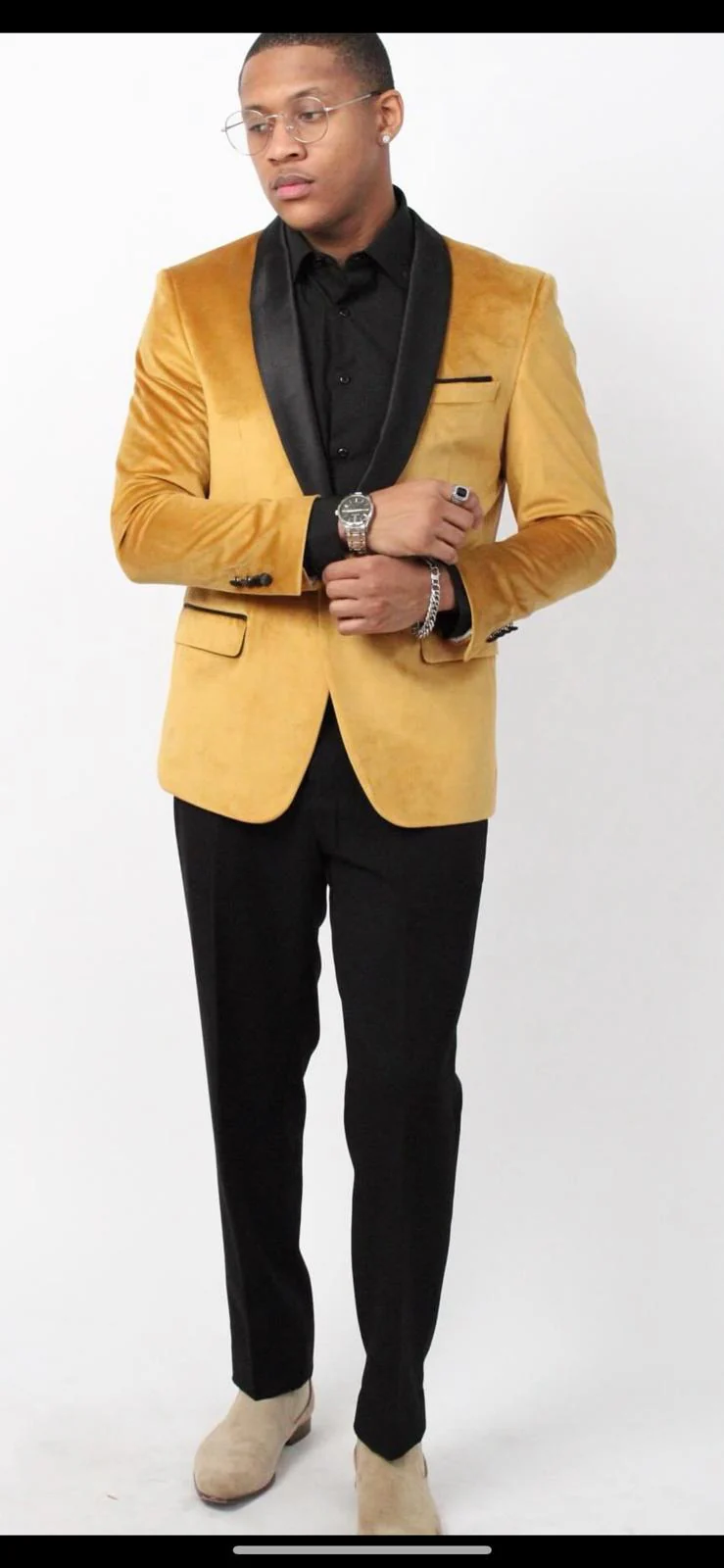 Men’s Mustard Gold Velvet Tuxedo Jacket – Slim Fit Dinner Blazer with Black Satin Shawl Lapel + Free Black Pants & Bowtie - Image 2