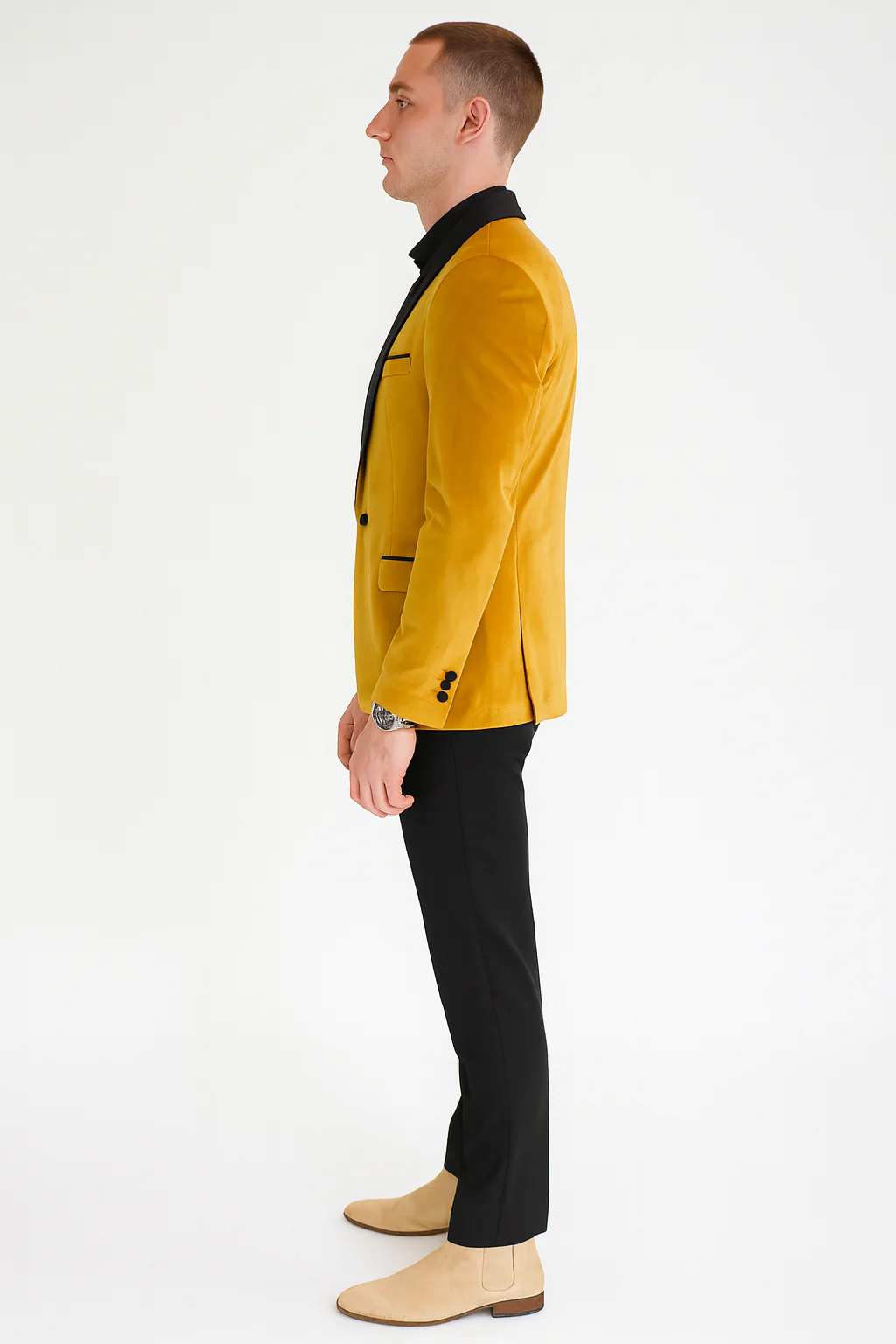 Men’s Mustard Gold Velvet Tuxedo Jacket – Slim Fit Dinner Blazer with Black Satin Shawl Lapel + Free Black Pants & Bowtie - Image 3