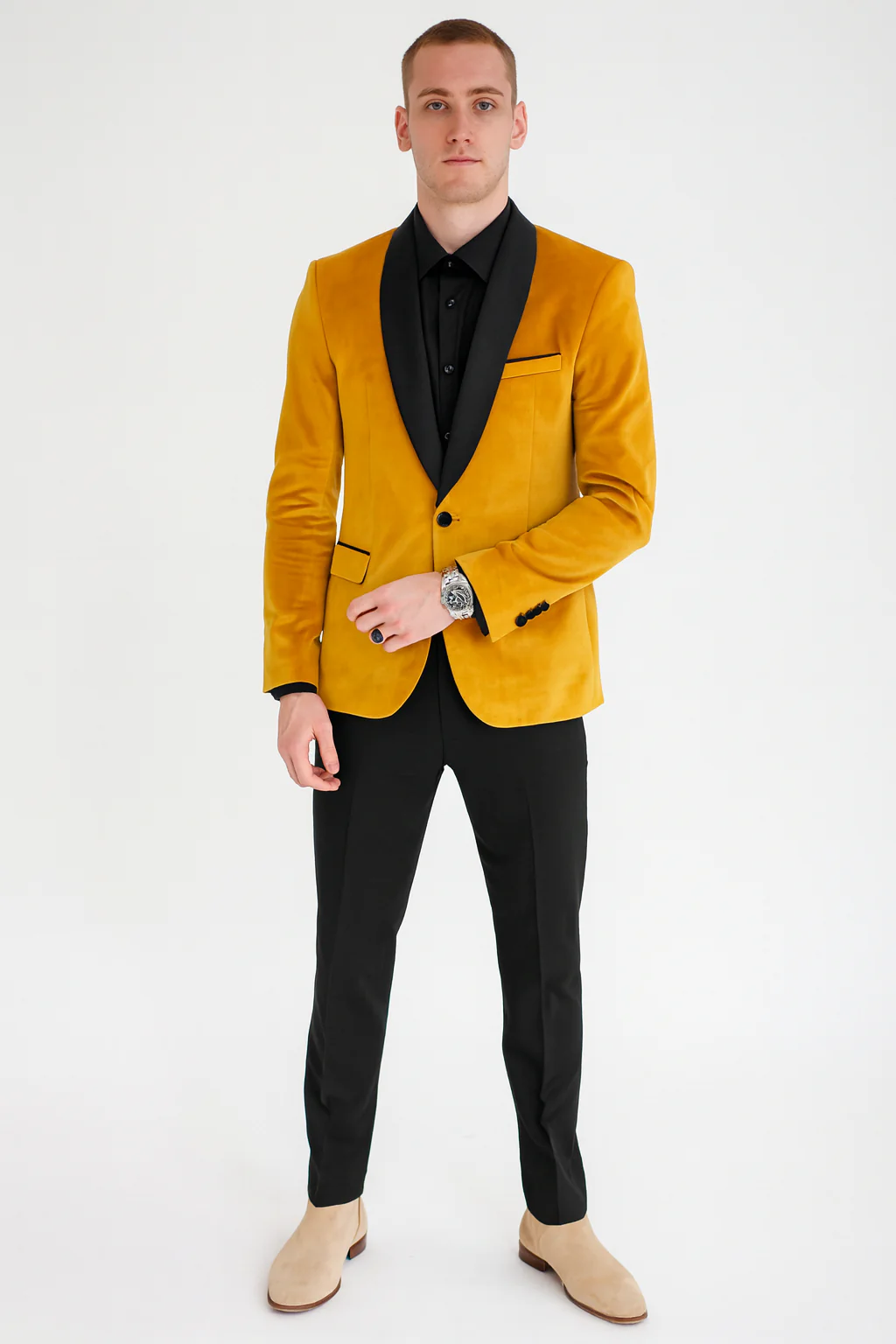 Men’s Mustard Gold Velvet Tuxedo Jacket – Slim Fit Dinner Blazer with Black Satin Shawl Lapel + Free Black Pants & Bowtie - Image 4