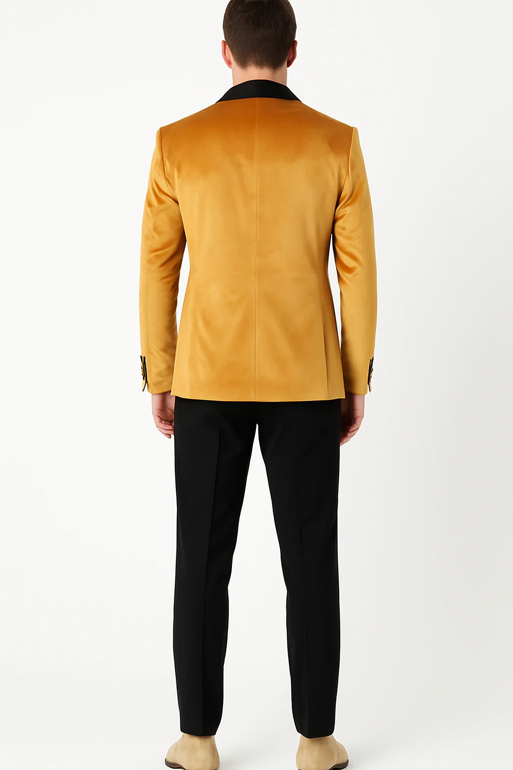 Men’s Mustard Gold Velvet Tuxedo Jacket – Slim Fit Dinner Blazer with Black Satin Shawl Lapel + Free Black Pants & Bowtie - Image 5