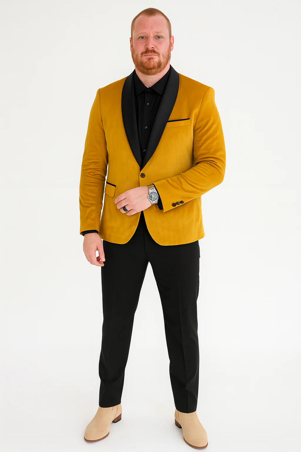 Men’s Mustard Gold Velvet Tuxedo Jacket – Slim Fit Dinner Blazer with Black Satin Shawl Lapel + Free Black Pants & Bowtie - Image 6