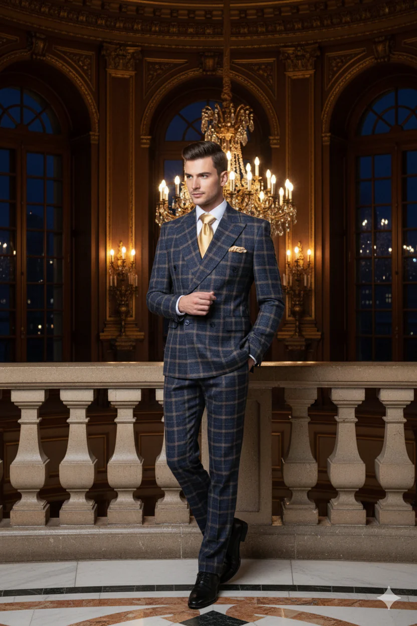 Men’s Navy and Tan Windowpane Double-Breasted Suit | Classic 2-Piece Plaid Dress Suit, Business, and Formal Events By Rossiman - Image 3