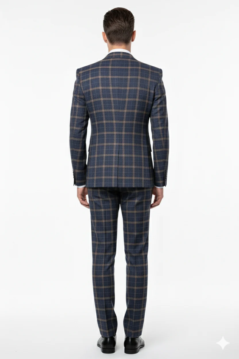 Men’s Navy and Tan Windowpane Double-Breasted Suit | Classic 2-Piece Plaid Dress Suit, Business, and Formal Events By Rossiman - Image 7