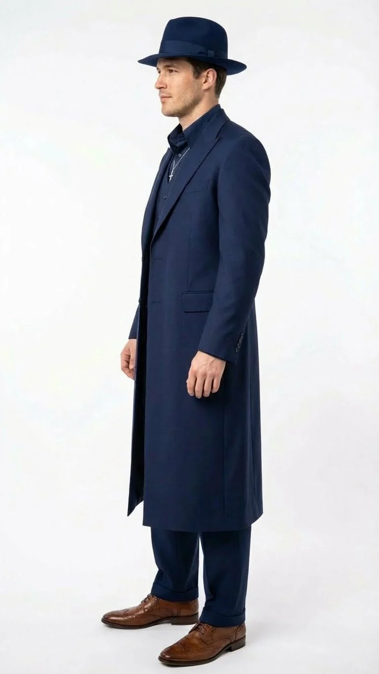 Men’s Navy Blue 1920s Zoot Suit – Long Mafia Gangster Three-Piece Vintage Costume Set Zuit Pachuco Style - Image 3
