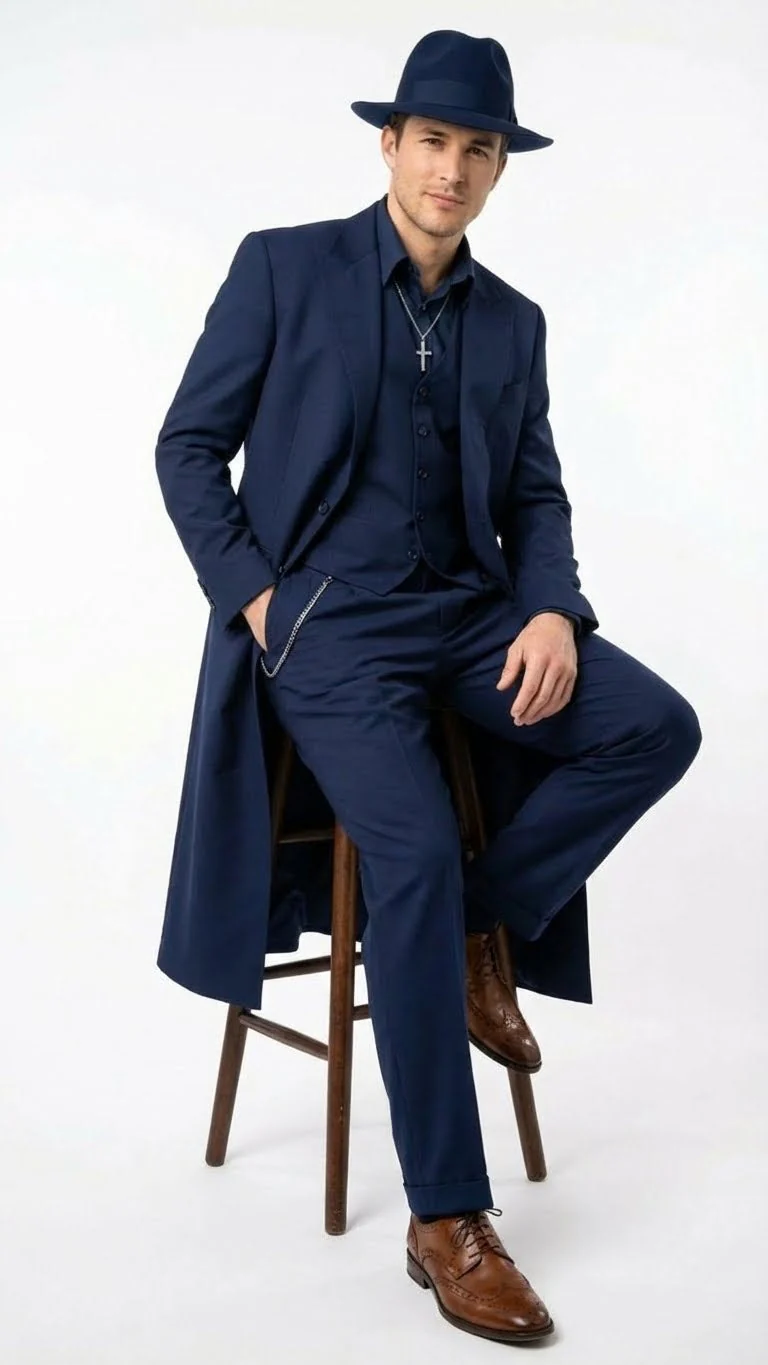 Men’s Navy Blue 1920s Zoot Suit – Long Mafia Gangster Three-Piece Vintage Costume Set Zuit Pachuco Style - Image 4