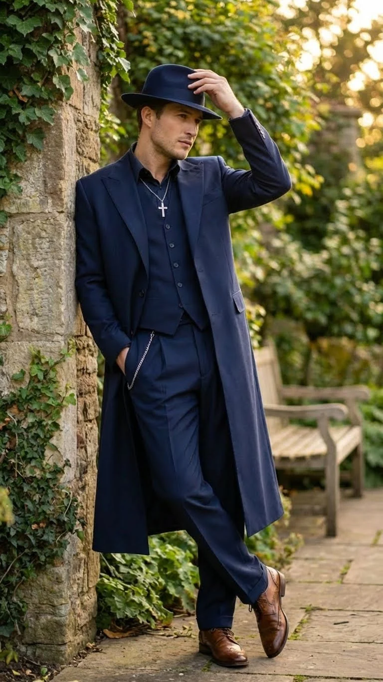Men’s Navy Blue 1920s Zoot Suit – Long Mafia Gangster Three-Piece Vintage Costume Set Zuit Pachuco Style - Image 5