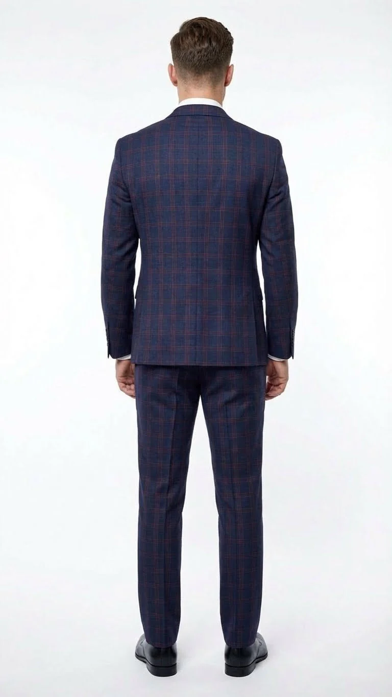 Men’s Navy Blue and Burgundy Checkered Two-Piece Suit Plaid Windowpane – Flat Front Pants or Pleated Wide Leg Pants - 100% Wool - Image 2