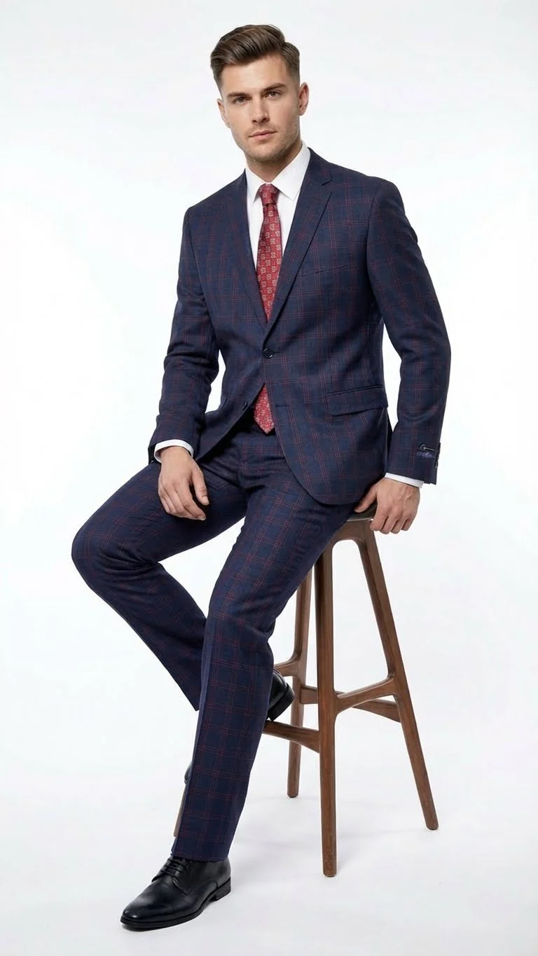 Men’s Navy Blue and Burgundy Checkered Two-Piece Suit Plaid Windowpane – Flat Front Pants or Pleated Wide Leg Pants - 100% Wool - Image 4