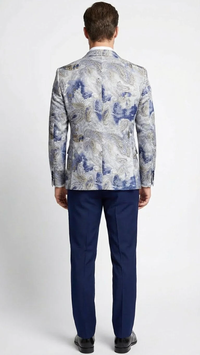 Men’s Navy Blue and Gray Paisley Print Blazer – Prom Jacket for Formal, Party, and Evening Wear - Image 2