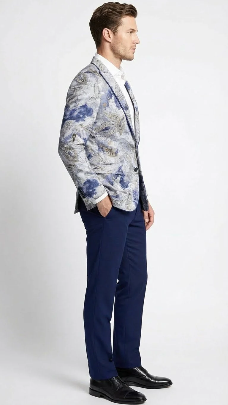 Men’s Navy Blue and Gray Paisley Print Blazer – Prom Jacket for Formal, Party, and Evening Wear - Image 3