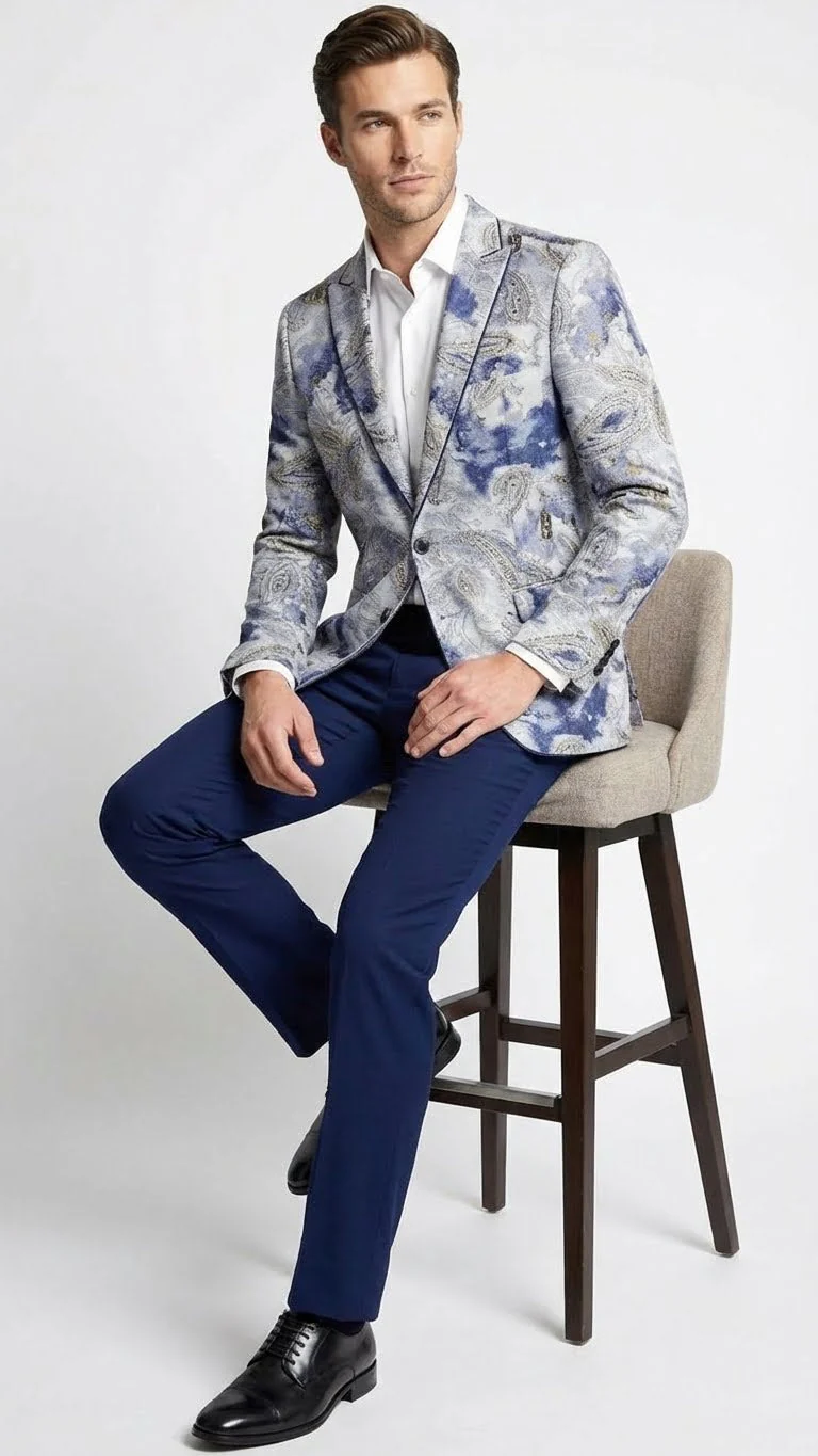 Men’s Navy Blue and Gray Paisley Print Blazer – Prom Jacket for Formal, Party, and Evening Wear - Image 4