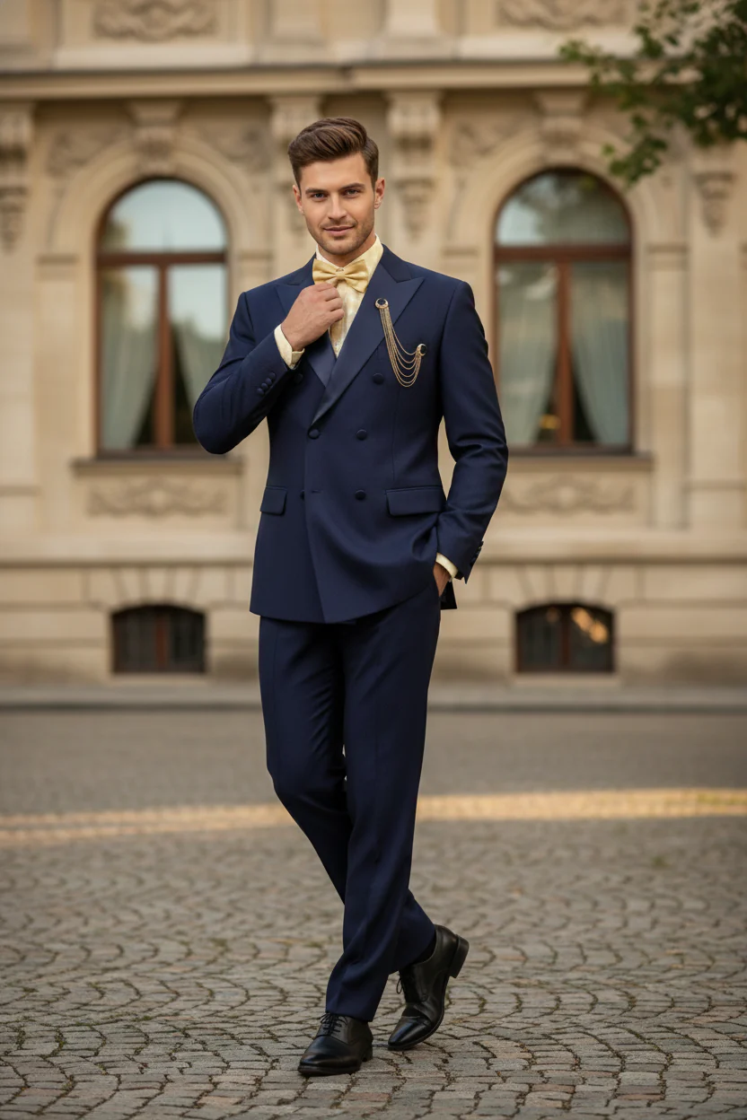 Men’s Navy Blue Double-Breasted Tuxedo with navy Satin Peak Lapel Wedding Suit - Image 3