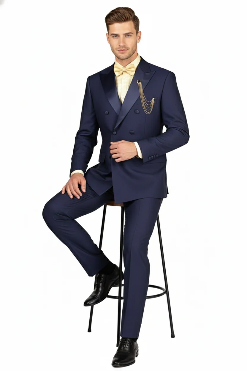 Men’s Navy Blue Double-Breasted Tuxedo with navy Satin Peak Lapel Wedding Suit - Image 4
